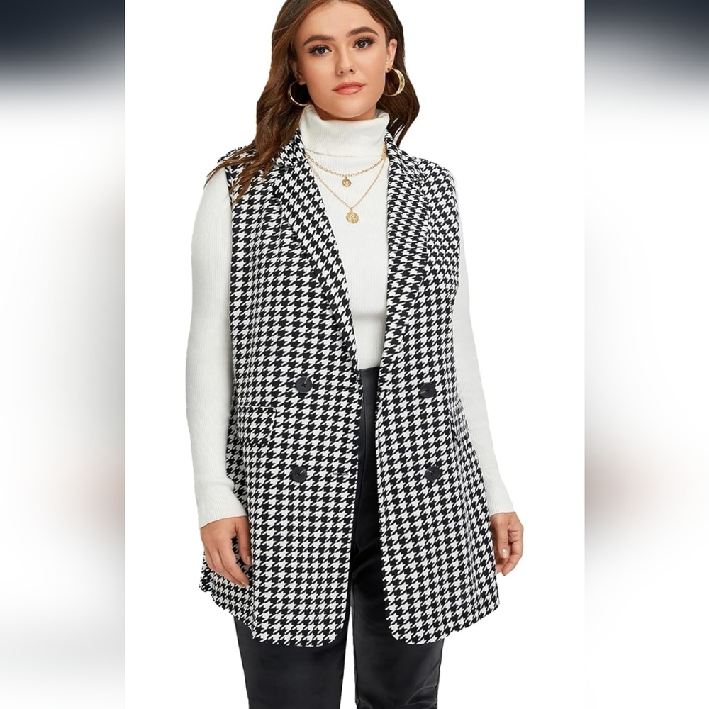 Women Vest Woundstooth Black and White Sleeveless Vest
